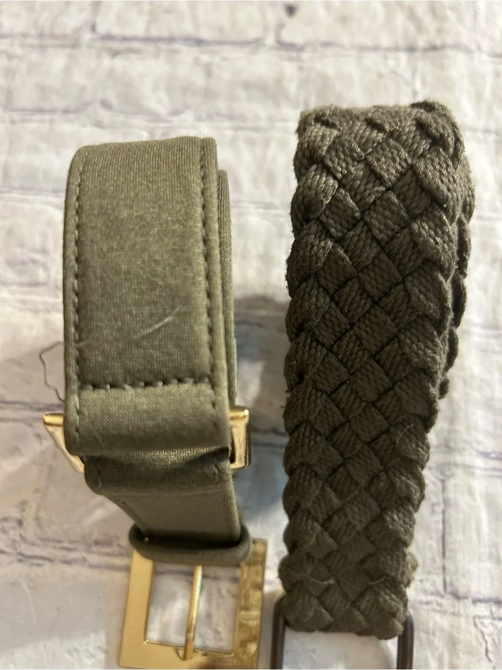 OLIVE GREEN WOVEN AND OLIVE GREEN WITH GOLD TONE HARDWARE (2) BELTS